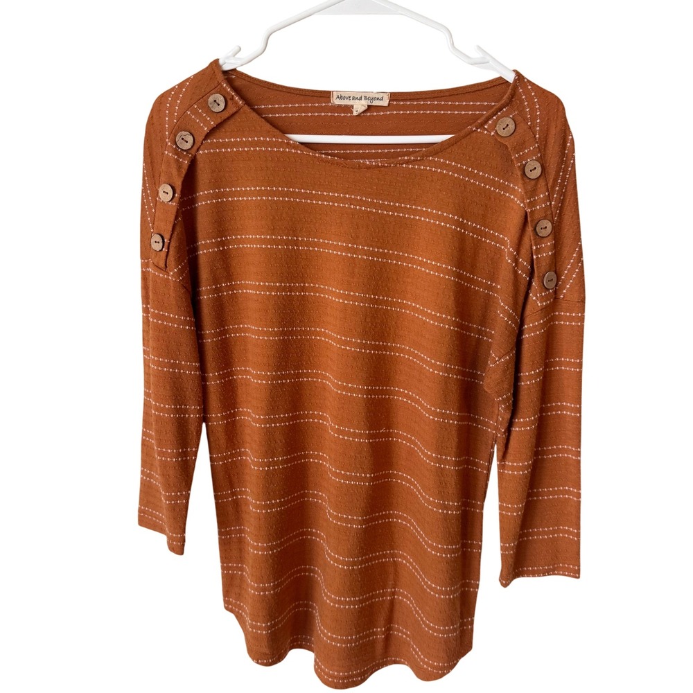 Above and Beyond Womens Terracotta Striped Boat Neck Top with Shoulder Buttons S